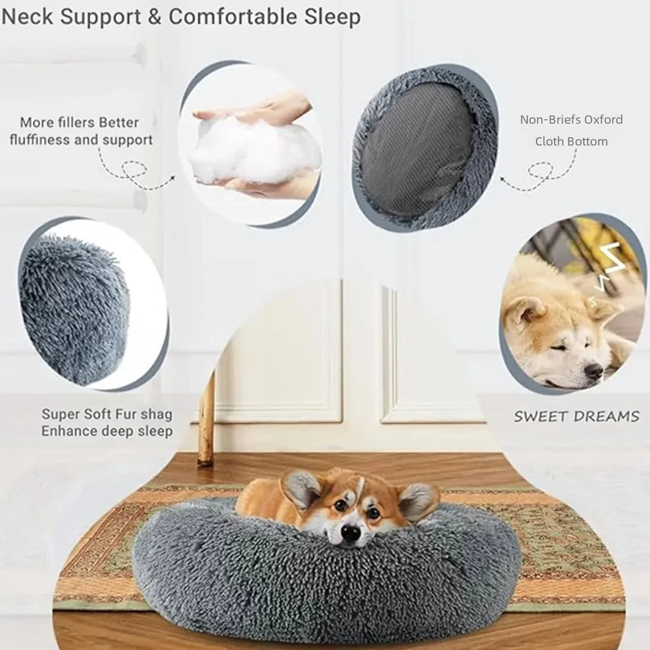 Calming Donut Pet Bed – Super Soft Plush Round Bed for Dogs & Cats (40–90cm)