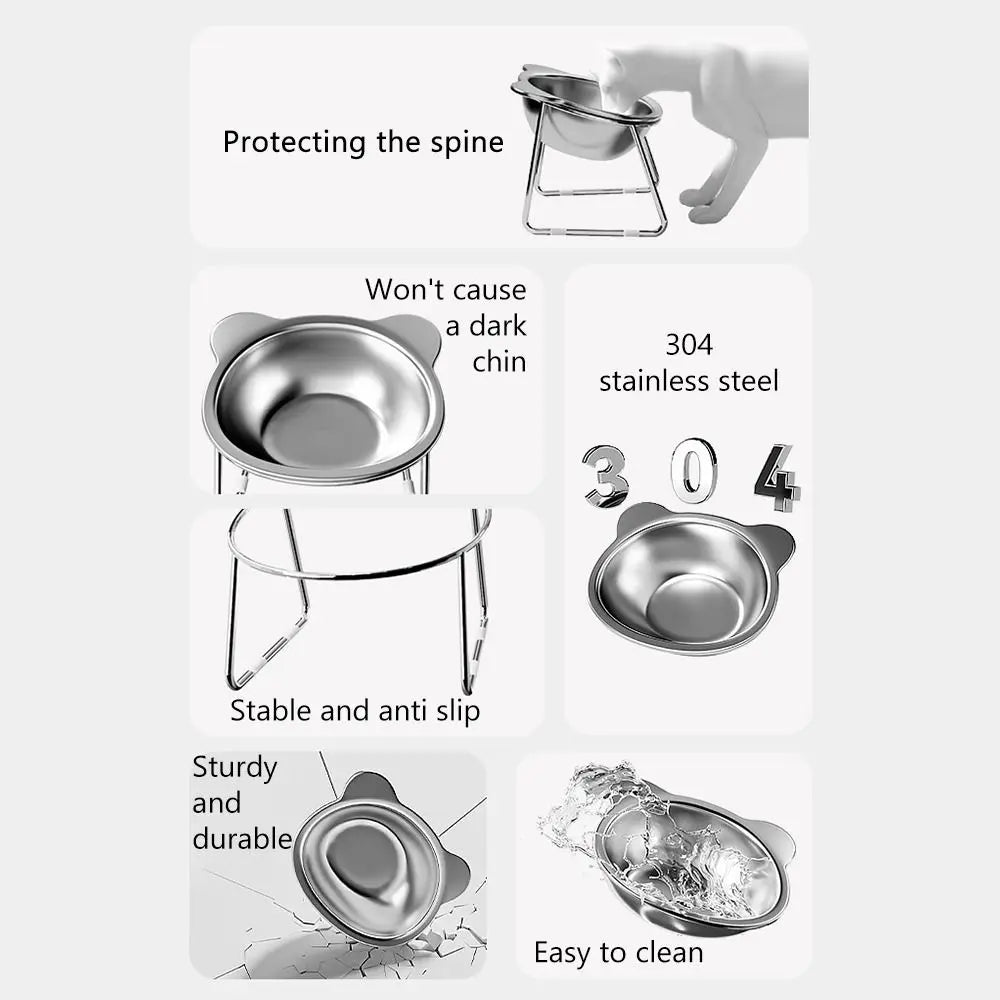 15° Tilted Stainless Steel Elevated Cat Bowl – Anti-Vomiting Raised Pet Feeding Bowl